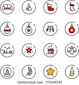 line vector icon set - vip waiting area vector, christmas tree, sock, ball, garland, landscape, star, house, angel, snowball, golden branch, medal, brush