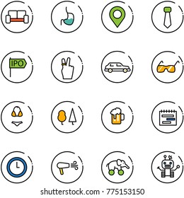line vector icon set - vip waiting area vector, stomach, map pin, tie, ipo, victory, limousine, sunglasses, swimsuit, forest, beer, terms plan, clock, dryer, elephant wheel, robot