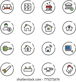 line vector icon set - vip waiting area vector, baggage room, house, account, home, key, dollar, wireless, monoblock pc, saw, jointer, pipe welding, chicken toy