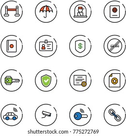 line vector icon set - vip zone vector, insurance, officer window, passport, identity, safe, end overtake limit road sign, key, shield check, certificate, car wireless, surveillance camera, link