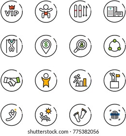 line vector icon set - vip vector, baby, ski, hospital building, pull ups, dollar pin, head hunter, community, agreement, success, career, win, flying man, beach, feet, fingerprint scanner
