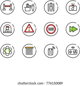 line vector icon set - vip zone vector, passport control, metal detector gate, terrorism, officer window, traffic light road sign, customs, fast forward, gear globe, jalousie, remote