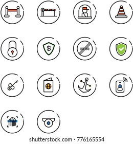 line vector icon set - vip zone vector, barrier, officer window, road cone, lock, safe, end overtake limit sign, shield check, key, passport, anchor, identity card, fingerprint scanner