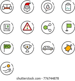 line vector icon set - vip waiting area vector, santa claus, merry christmas message, pulse clipboard, account statement, traffic light road sign, share, flag, ipo, gold cup, limousine, sea turtle