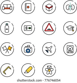 line vector icon set - vip waiting area vector, passport, gift, kidneys, milk, credit card, artificial unevenness road sign, graduate hat, flags cross, camera, plane, hdd, staple, work knife