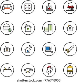 line vector icon set - vip waiting area vector, baggage room, fireplace, house, account, home, building, dollar, wireless, monoblock pc, saw, jointer, pipe welding, chicken toy, block
