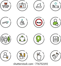 line vector icon set - vip vector, identity, treadmill, hospital bed, push ups, disabled, no cart horse road sign, user login, group, community, head bulb, contact book, winner, speaker, victory