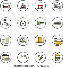 line vector icon set - vip waiting area vector, fireplace, house, account, home, key, brick wall, building, tv news, doors, hotel, sea, jointer, baseball bat, toy block