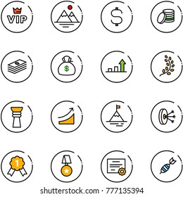line vector icon set - vip vector, mountains, dollar sign, coin, money bag, growth arrow, golden branch, award, rise, mountain, solution, gold medal, star, certificate, dart