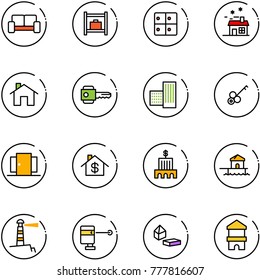 line vector icon set - vip waiting area vector, baggage room, house, home, key, building, doors, dollar, bank, bungalow, lighthouse, laser lever, constructor blocks, toy block