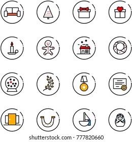 line vector icon set - vip waiting area vector, christmas tree, gift, candle, cake man, house, wreath, snowball, golden branch, star medal, certificate, doors, luck, sailboat toy, russian doll