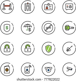 line vector icon set - vip zone vector, metal detector gate, identity, safe, insurance, end overtake limit road sign, key, locked, unlocked, shield, passport, card, surveillance camera