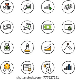 line vector icon set - vip vector, coin, dollar, cash, investment, money, certificate, bag, pawn, rise, mountain, gold medal, rich, chart