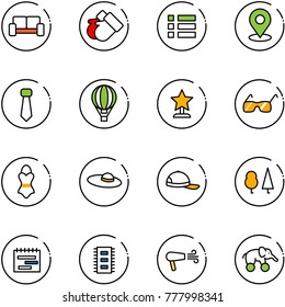 line vector icon set - vip waiting area vector, gloves, menu, map pin, tie, air balloon, award, sunglasses, swimsuit, woman hat, cap, forest, terms plan, chip, dryer, elephant wheel