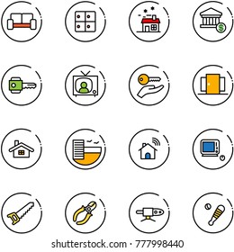 line vector icon set - vip waiting area vector, baggage room, house, account, key, tv news, hand, doors, home, hotel, wireless, monoblock pc, saw, side cutters, pipe welding, baseball bat