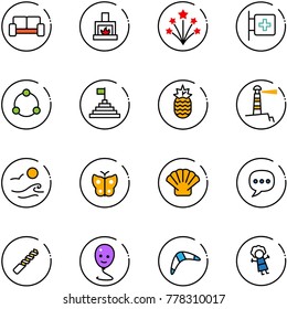 line vector icon set - vip waiting area vector, fireplace, firework, first aid room, community, pyramid flag, pineapple, lighthouse, waves, butterfly, shell, chat, drill, balloon smile, boomerang