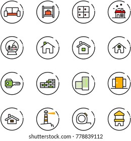 line vector icon set - vip waiting area vector, baggage room, house, snowball, home, key, brick wall, building, doors, lighthouse, measuring tape, toy block