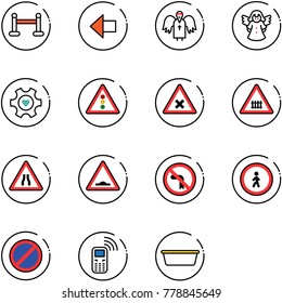 line vector icon set - vip zone vector, left arrow, angel, heart gear, traffic light road sign, railway intersection, narrows, artificial unevenness, no turn, pedestrian, parking, mobile phone