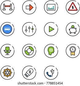 line vector icon set - vip zone vector, right arrow, statistics, intersection road sign, bus, settings, play, piggy bank, office chair, circle chart, brain work, gold medal, hand wheel, usb wi fi