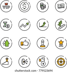 line vector icon set - vip vector, dollar coin, cash, account history, growth arrow, career, up, finger, pawn, award, success, solution, rich, target