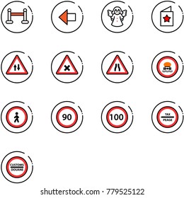 line vector icon set - vip zone vector, left arrow, angel, star postcard, oncoming traffic road sign, railway intersection, narrows, no dangerous cargo, pedestrian, speed limit 90, 100, tax peage