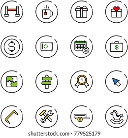 line vector icon set - vip zone vector, tea, gift, dollar coin, safe, calendar, money case, puzzle, signpost, gold medal, cursor, staple, wrench hammer, trailer, rocking horse