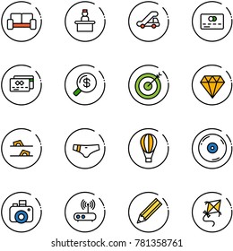 line vector icon set - vip waiting area vector, recieptionist, trap truck, credit card, money search, target, diamond, flip flops, swimsuit, air balloon, cd, camera, wi fi router, pencil, kite