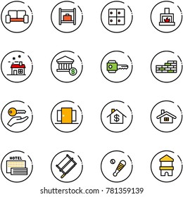 line vector icon set - vip waiting area vector, baggage room, fireplace, house, account, key, brick wall, hand, doors, home dollar, sea hotel, bucksaw, baseball bat, toy block