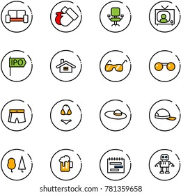 line vector icon set - vip waiting area vector, gloves, office chair, tv news, ipo, home, sunglasses, swimsuit, woman hat, cap, forest, beer, terms plan, robot