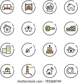 line vector icon set - vip waiting area vector, baggage room, snowball house, home, key, brick wall, building, bank, bungalow, lighthouse, wireless, measuring tape