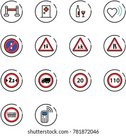 line vector icon set - vip zone vector, first aid room, wine, heart beat, no parkin odd, oncoming traffic road sign, children, narrows, limited width, truck, speed limit 20, 110, customs