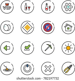 line vector icon set - vip vector, wine, heart gear, eggs, main road sign, no parking even, home, left arrow, check, job, sun, fishing, standby button, delete, pliers