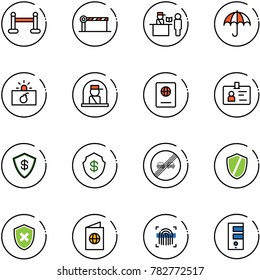 line vector icon set - vip zone vector, barrier, passport control, insurance, terrorism, officer window, identity, safe, end overtake limit road sign, shield, cross, fingerprint scanner, server
