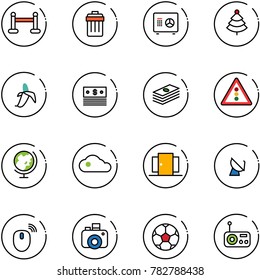 line vector icon set - vip zone vector, trash bin, safe, christmas tree, banana, dollar, traffic light road sign, globe, cloud, doors, satellite antenna, mouse wireless, camera, soccer ball, radio
