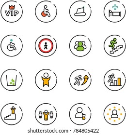 line vector icon set - vip vector, disabled, treadmill, hospital bed, no pedestrian road sign, group, career, garbage, success, team leader, winner, star man