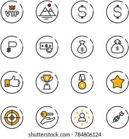 line vector icon set - vip vector, mountains, dollar sign, ruble, cash, money bag, finger up, win cup, star medal, target, key hand, man, dart