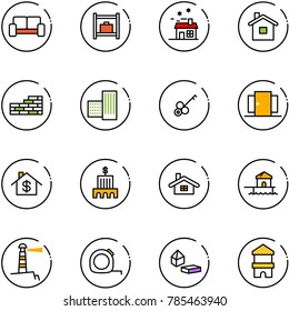 line vector icon set - vip waiting area vector, baggage room, house, home, brick wall, building, key, doors, dollar, bank, bungalow, lighthouse, measuring tape, constructor blocks, toy block