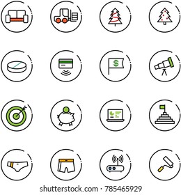 line vector icon set - vip waiting area vector, fork loader, christmas tree, pill, tap pay, dollar flag, telescope, target, piggy bank, statistics monitor, pyramid, swimsuit, wi fi router