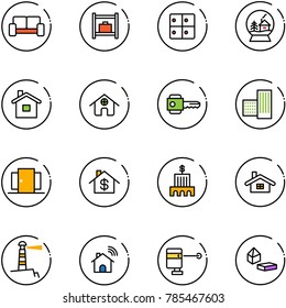 line vector icon set - vip waiting area vector, baggage room, snowball house, home, key, building, doors, dollar, bank, lighthouse, wireless, laser lever, constructor blocks