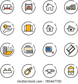 line vector icon set - vip waiting area vector, baggage room, home, brick wall, key hand, doors, dollar, hotel, sea, monoblock pc, bucksaw, jointer, side cutters, pipe welding, toy block house