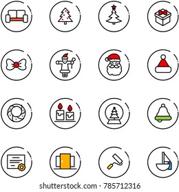 line vector icon set - vip waiting area vector, christmas tree, gift, bow, santa claus, hat, wreath, candle, snowball, bell, certificate, doors, paint roller, sailboat toy