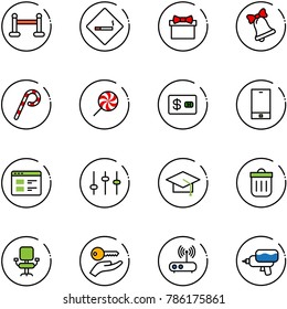 line vector icon set - vip zone vector, smoking area sign, gift, bell, lollipop, credit card, phone, website, settings, graduate hat, trash bin, office chair, key hand, wi fi router, water gun