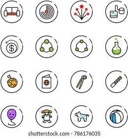 line vector icon set - vip waiting area vector, radar, firework, tonometer, money back, social, community, round flask, moon flag, passport, plumber, drill, balloon smile, doll, toy horse