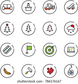line vector icon set - vip waiting area vector, recieptionist, fork loader, trap truck, christmas tree, snowfall, pills blister, flag, target, statistics monitor, banana, paint roller, puzzle, yoyo