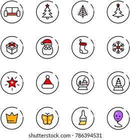 line vector icon set - vip waiting area vector, christmas tree, gift, santa claus, sock, snowflake, star, hat, snowball house, crown, butterfly, brush, balloon smile
