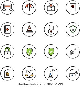 line vector icon set - vip zone vector, insurance, terrorism, passport, road cone, lock, safe, locked, shield, check, key, life vest, identity card, wireless