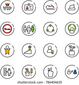 line vector icon set - vip vector, identity, snowmobile, treadmill, no cart horse road sign, group, community, man globe, success, winner, win, opportunity, speaker, victory, information exchange