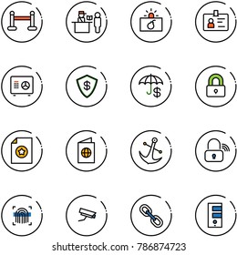 line vector icon set - vip zone vector, passport control, terrorism, identity, safe, insurance, locked, certificate, anchor, wireless lock, fingerprint scanner, surveillance camera, link, server