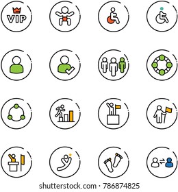 line vector icon set - vip vector, baby, disabled, user, check, group, friends, community, career, win, speaker, flying man, feet, information exchange