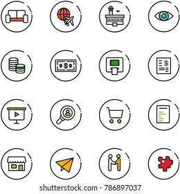 line vector icon set - vip waiting area vector, plane globe, airport building, eye, coin, dollar, atm, account statement, presentation board, head hunter, cart, document, store, paper fly, agreement